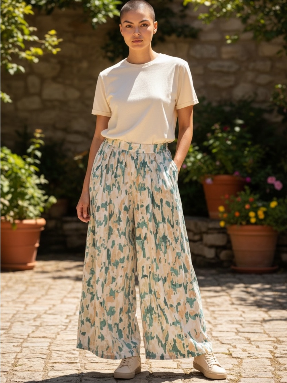 Anthropologie Maeve Teal, Cream & Tan Printed Pants